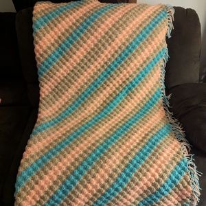 Crochet cross striped blanket pink, blue, brown 66x68